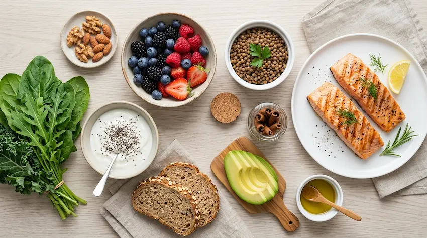 Foods that support healthy A1C: leafy greens, legumes, fatty fish, nuts, berries, whole grains