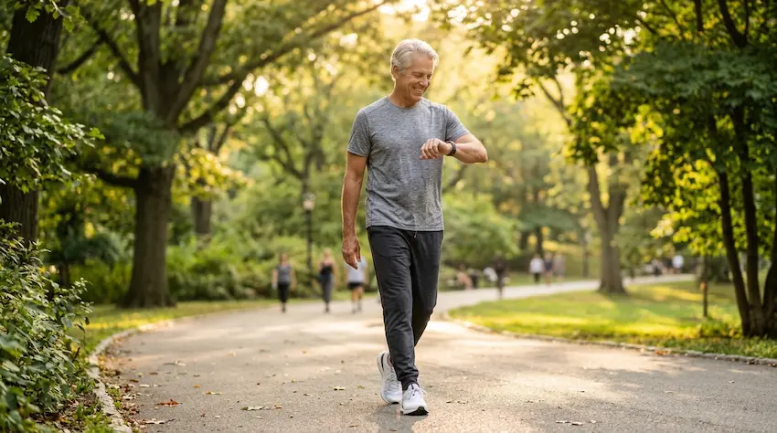 Man walking briskly outdoors for physical activity to support insulin sensitivity